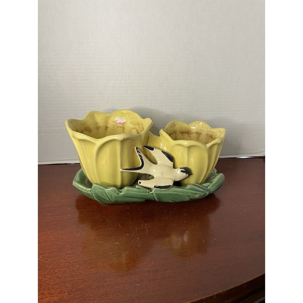 1940's Vintage McCOY ART POTTERY Double Tulip Bird Flower Pot Planter Unique!